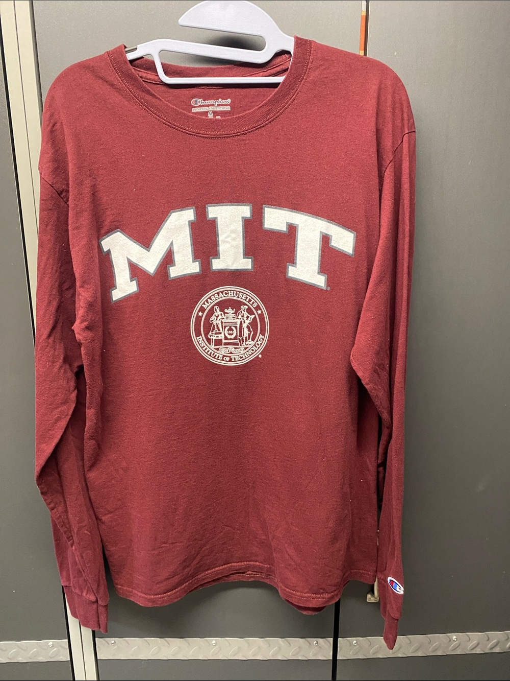 Champion Maroon MIT Long Sleeve Tee with White Graphics